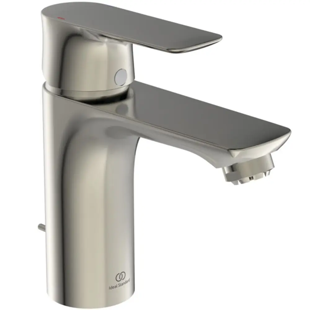 Ein schlichter, silberfarbener Wasserhahn von Ideal Standard mit einem Hebel und einem Auslauf, geeignet für Waschbecken.